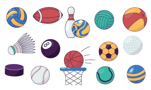 Bola esportiva dos desenhos animados conjunto de diferentes equipamentos de jogo coloridos boliche tênis futebol hóquei bola de golfe diferente coleção de vetores de bola de jogo esportivo para ilustração de vôlei ou futebol