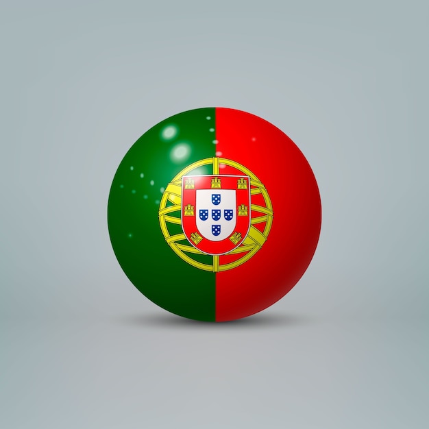 Bola ou esfera de plástico brilhante 3D realista com a bandeira de Portugal