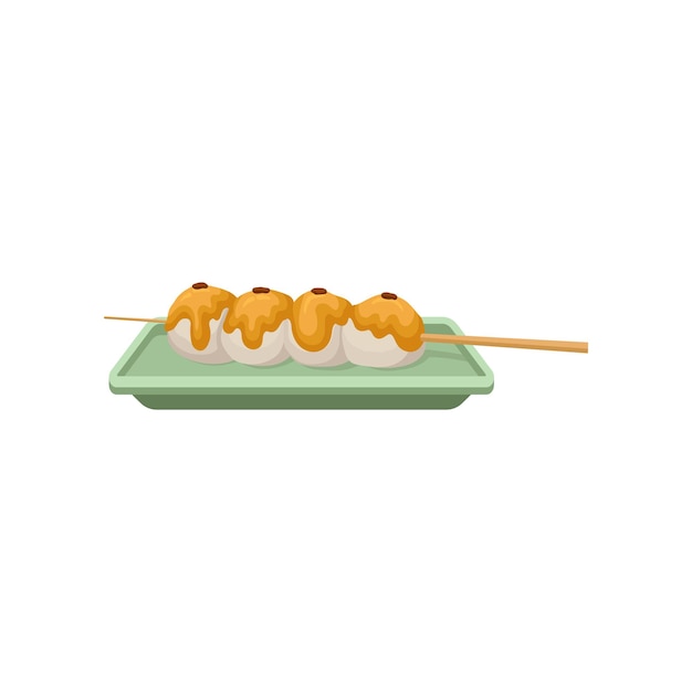 Vetor bolas de arroz cobertas com molho doce sobremesa tradicional japonesa na vara de madeira vetor plano para folheto promocional de livro de receitas ou menu de café