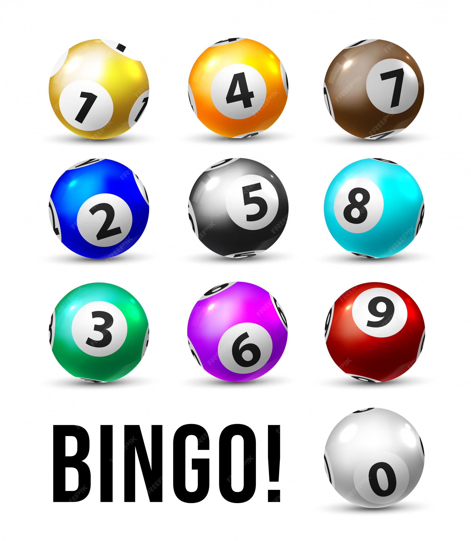 Bolas de loteria de bingo com números de zero a nove. conjunto realista de  vetor de bolas de cores brilhantes para o jogo de loto keno ou bilhar. 3d  esferas brilhantes para