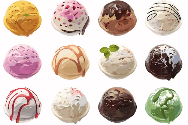 Bolas de diferentes sorvetes em fundo branco