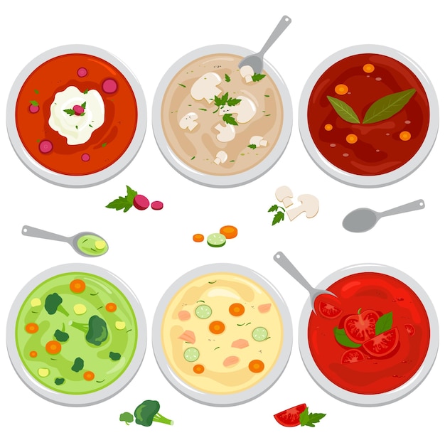 Bolas de diferentes tipos de sopa Sopa com legumes cogumelos sopa de frango e lentilhas
