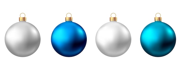 Bolas de Natal de prata azul realistas isoladas no fundo branco