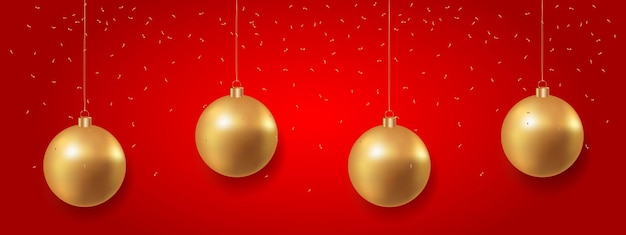 Bolas de natal douradas e confetes caindo sobre um fundo vermelho brinquedos de natal realistas dourados luxuosos enfeites pendurados com fita elementos de design de glitter festivo ilustração vetorial eps 10