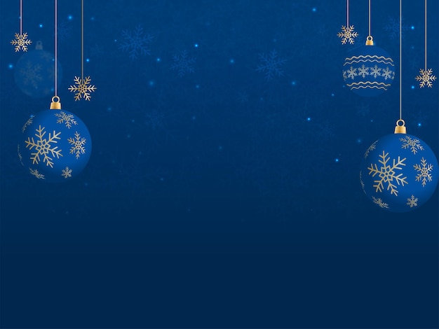 Vetor bolas de natal realistas e flocos de neve decorados em fundo de efeito de luzes azuis.