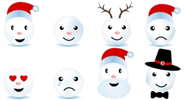 Bolas de neve dos desenhos animados de natal com emoções diferentes. conjunto de ícones de bola de neve. coleção de adesivos.