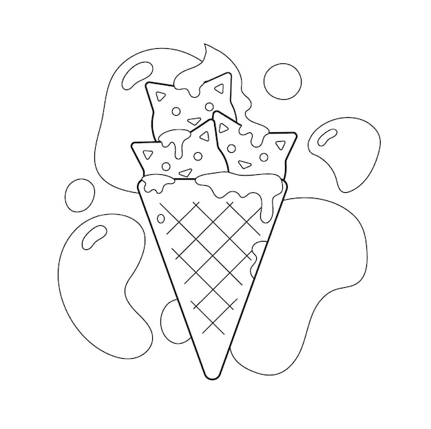 página para colorir kawaii com sorvete fofo no cone de waffle