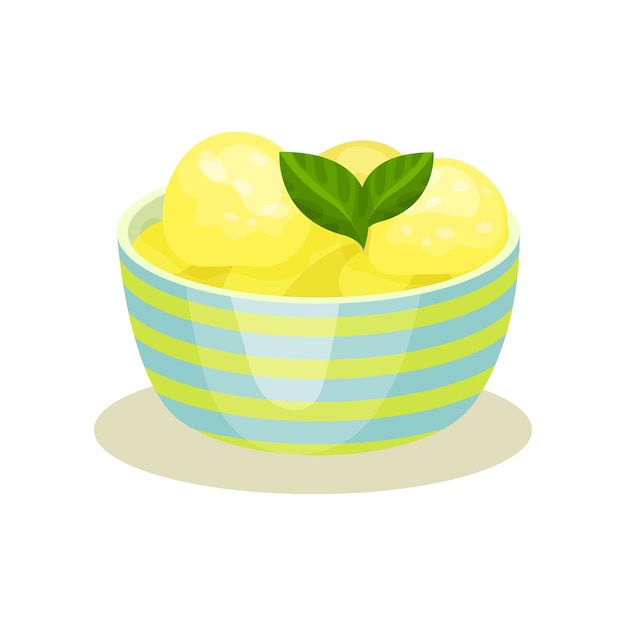 Bolas de sorvete de limão saboroso e folhas de hortelã em tigela de cerâmica listrada Sobremesa de verão deliciosa Design vetorial plano para menu ou folheto