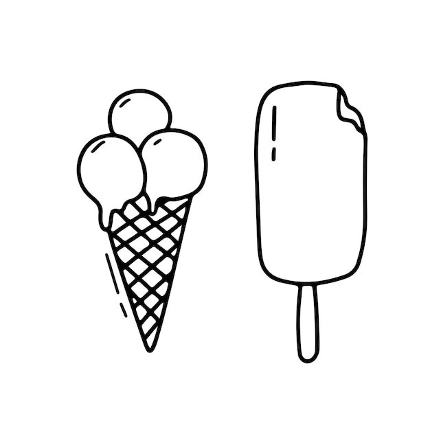 cone de waffle de sorvete kawaii isolado no fundo branco. sorvete com  carinha feliz e fofa no estilo doodle. livro de colorir. ilustração  vetorial 11589444 Vetor no Vecteezy