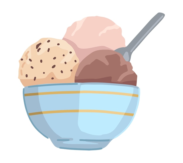 Vetor bolas de sorvete na tigela clipart doodle de comida doce de verão isolada no branco ilustração vetorial colorida no estilo cartoon