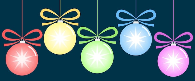 Vetor bolas de vidro brilhantes de natal definem decoração de árvore de natal e ano novo ou brinquedos multicoloridos pendurados em uma fita com um arco elementos vetoriais para design e impressão de férias de inverno