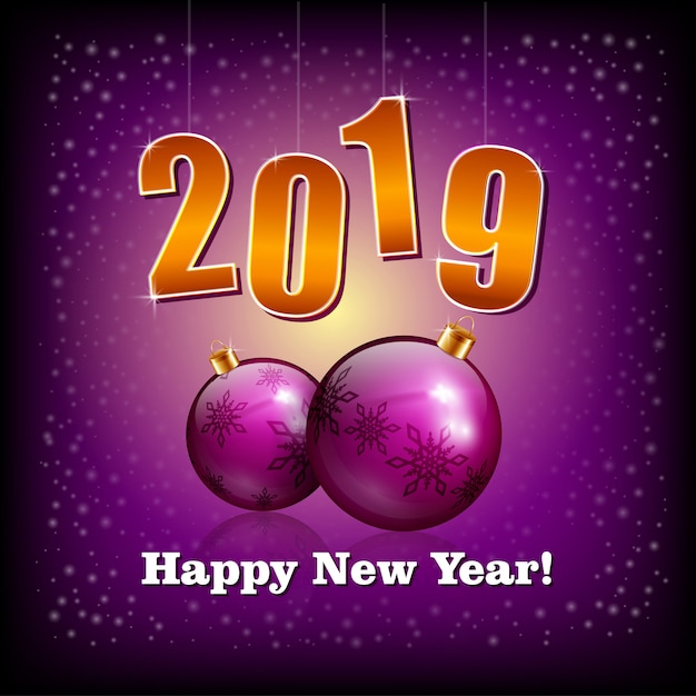 Bolas de violeta e números de ano novo de 2019