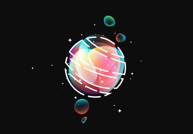 Bolas redondas e esferas, orbitando planetas. formas redondas de gradiente colorido fluido. bolha de respingo líquido. arte abstrata moderna. isolado em um fundo preto. ilustração vetorial