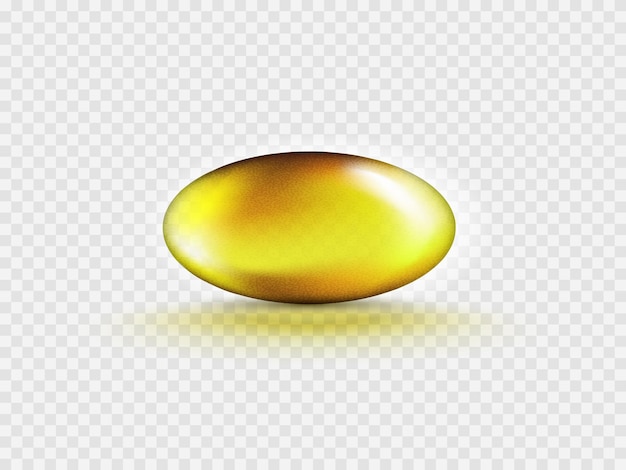 Bolha de óleo oval de ouro em gel líquido isolada em fundo transparente Cápsula cosmética de vitamina EA ou ômega 3 ou 6 óleo Vetor realista