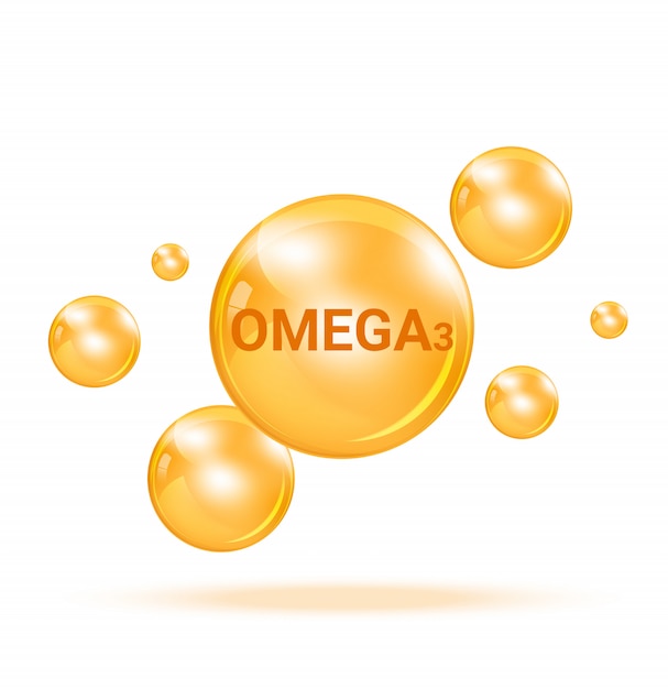 Bolha gráfica da medicina Omega3 da vitamina na ilustração branca do fundo. Cuidados de saúde e Design de conceito médico.