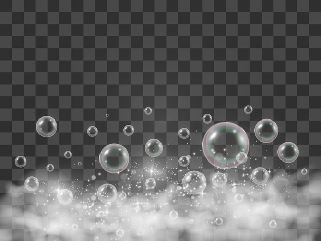 Bolhas de ar em um fundo transparente. ilustração de espuma com lâmpadas.