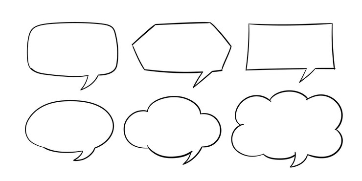 Bolhas de comunicação de mensagem em estilo doodle fofo no fundo branco ilustração vetorial