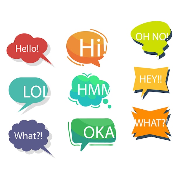 Bolhas de fala da moda com frases de conversa desenhadas à mão em diferentes formas Nuvens de bate-papo online