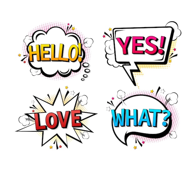 Bolhas de fala em quadrinhos com diferentes emoções e texto hello love what yes pop style illustration