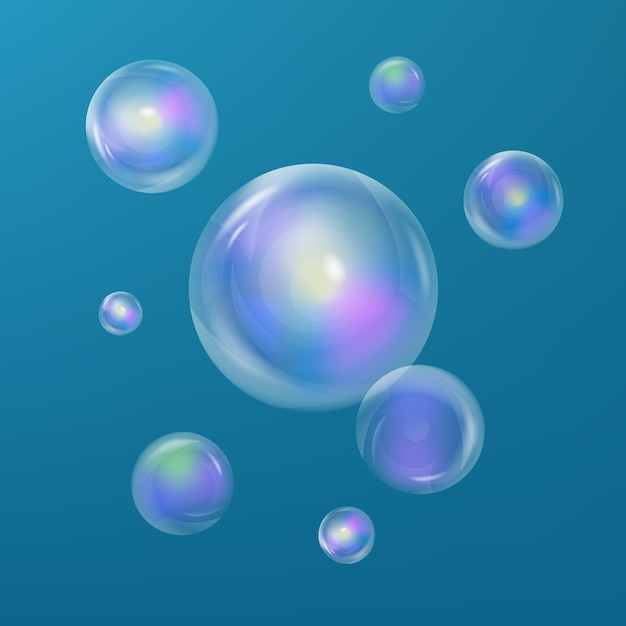 Bolhas de sabão. bolhas de sabão transparentes realistas. bolhas de sabão 3d. reflexão do arco-íris. bolhas de sabão vectorial.