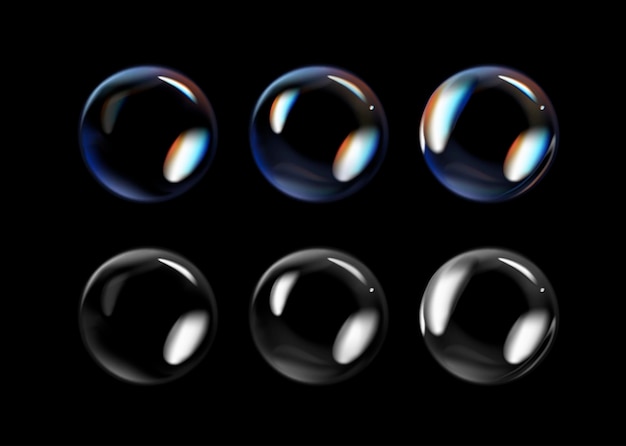 Vetor bolhas de sabão brilhantes em fundo preto bolhas de sabonete transparentes com reflexo