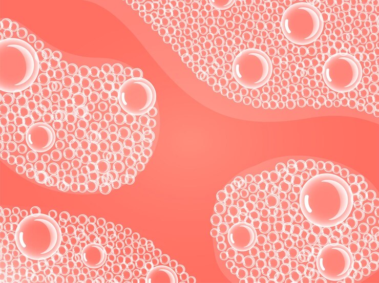 Vetor bolhas de sabão de xampu de cor coral viva em espuma transparente de vetor de banho ou sud sobre fundo de água azul