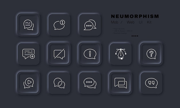 Bolhas do discurso com ícones de conjunto de sinais de informação Nova mensagem não envie comentários ponto de exclamação ponto de interrogação botão de reprodução citações Conceito de comunicação Estilo de neomorfismo Ícone de linha vetorial