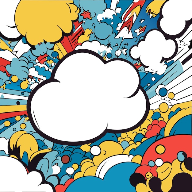 Vetor bolhas e expressões de bate-papo em quadrinhos e fundo em quadrinhos com nuvens e raios