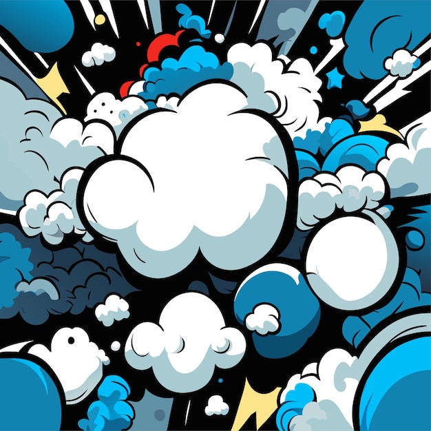 Bolhas e expressões de bate-papo em quadrinhos e fundo em quadrinhos com nuvens e raios
