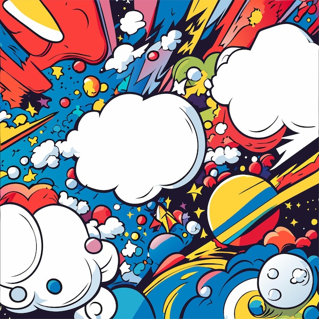 Vetor bolhas e expressões de bate-papo em quadrinhos e fundo em quadrinhos com nuvens e raios