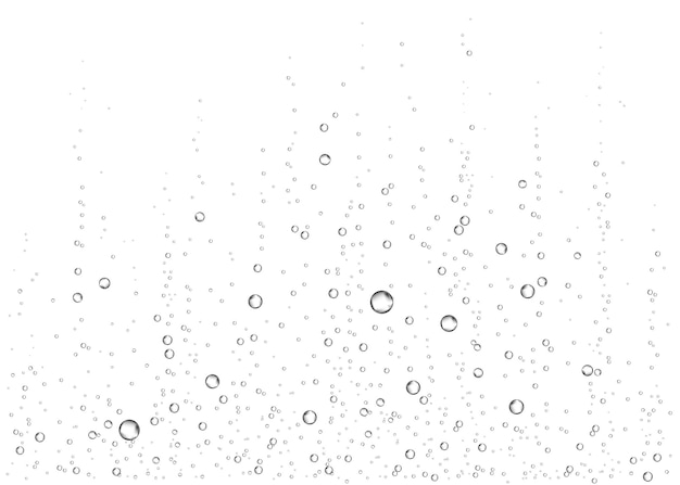 Vetor bolhas subaquáticas de ar, água ou oxigênio efervescentes em fundo branco. bebida efervescente. fizzy brilha no mar, aquário. champanhe. soda pop. textura de vetor submarino.