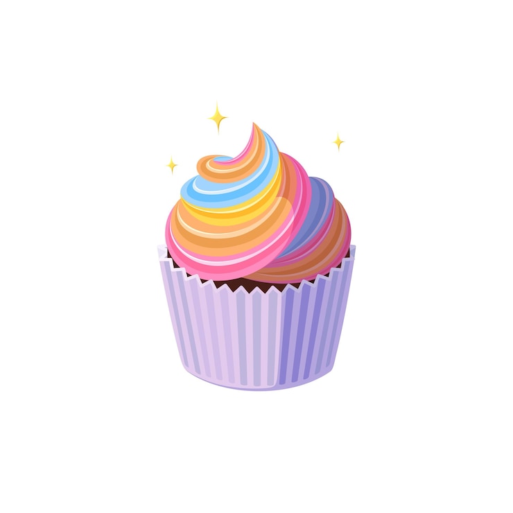 Vetor bolinho arco-íris com glacê colorido. bolo de fadas brilhante em copo de papel. sobremesa saborosa com glacê colorido arco-íris. ilustração vetorial em estilo de desenho animado fofo
