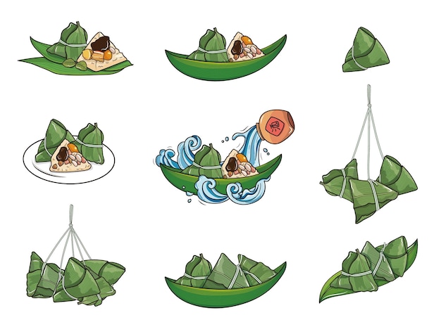 Bolinho de arroz zongzi dragon festival de barco elementos isolado conjunto
