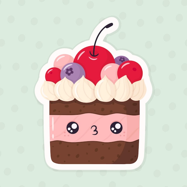 Bolinho de chocolate kawaii com creme e frutas bolo vetorial de desenho animado em um fundo de bolinhas