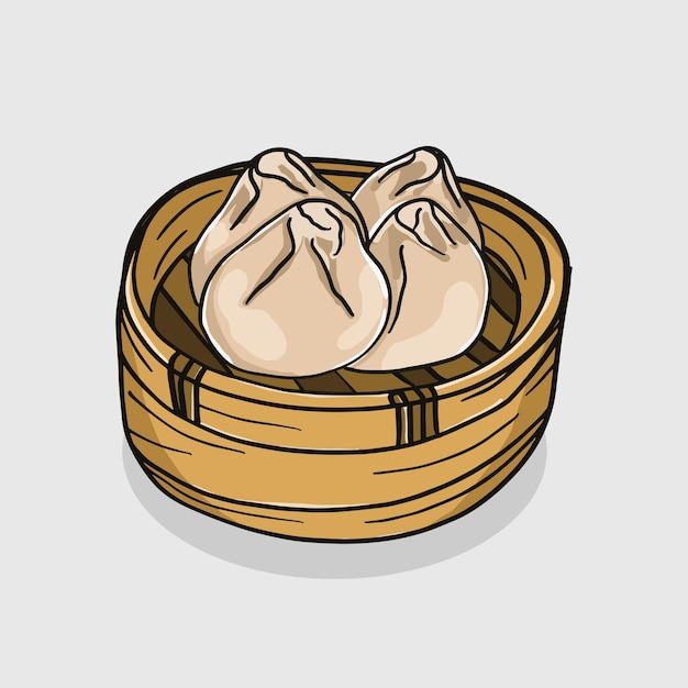 Bolinho de pão cozido no vapor desenhado à mão, ilustração dimsum