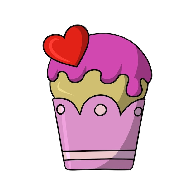 Bolinho delicioso com açúcar de confeiteiro rosa e uma ilustração vetorial de coração no estilo cartoon