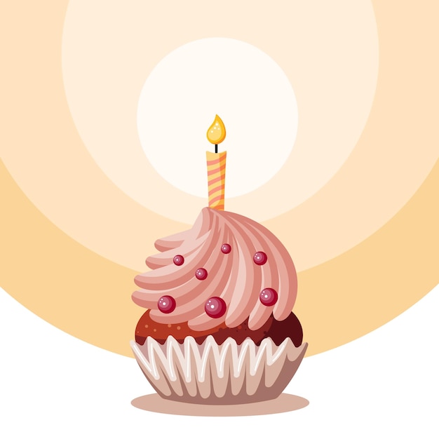 Vetor bolinho festivo com frutas e uma vela à luz de velas. feliz aniversário ilustração, vetor