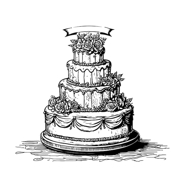 Bolo Bolo de casamento doce Esboço de bolo Sobremesa doce em camadas decorada com creme e frutas vermelhas Cor preta em estilo de desenho Ilustração em vetor