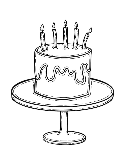 Vetor bolo com glacê e velas em um carrinho de sobremesa de férias doodle cartoon linear