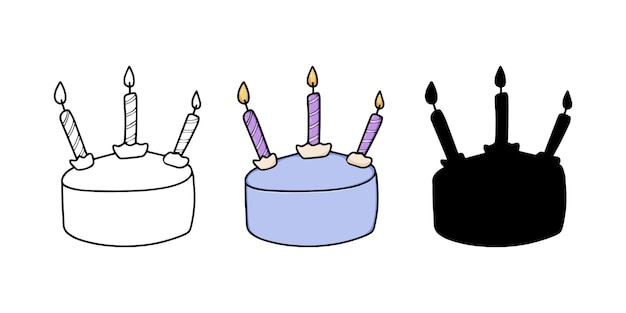 Bolo com velas em chamas, comida de sobremesa festiva, rabisco de desenho linear, livro de colorir