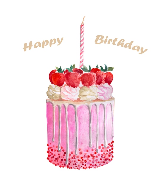 Vetor bolo de aniversário, bolo de creme de morango, sobremesa, comida em aquarela