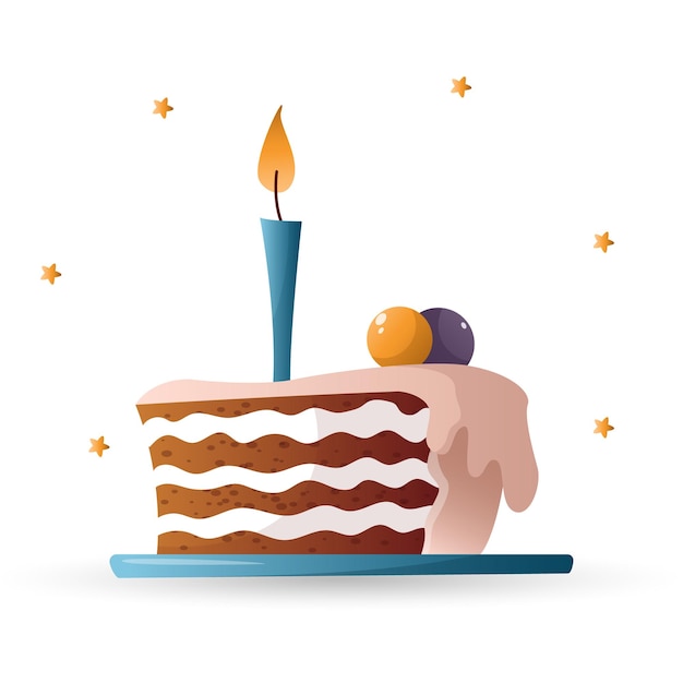 Vetor bolo de aniversário com velas, bolo de férias com velas, bolo de aniversário, fatia de bolo de férias