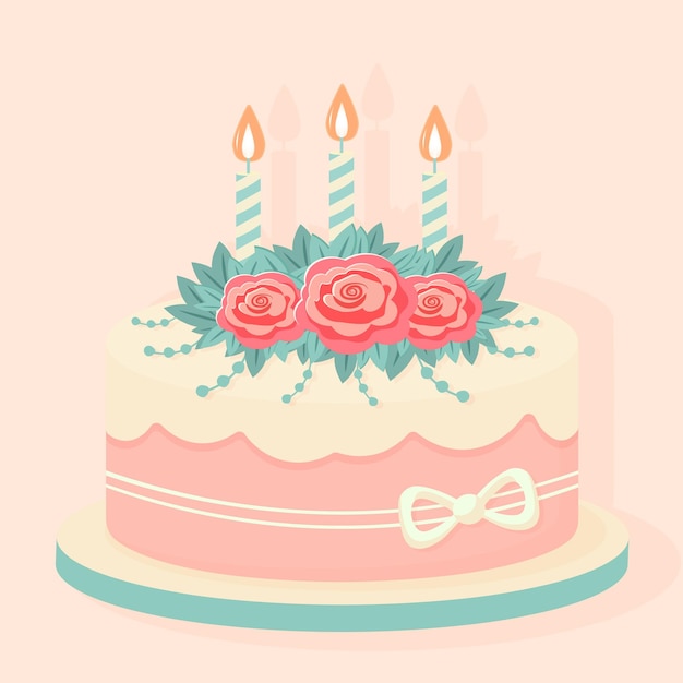 bolo de aniversário com velas e decorações florais ilustração vetorial plana isolada