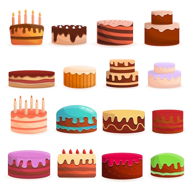 Bolo de aniversário conjunto de ícones. Conjunto de desenhos animados de ícones de vetor de aniversário de bolo para web design