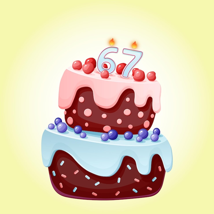 Vetor bolo de aniversário de sessenta e sete anos com velas número 67 imagem vetorial festiva bonito dos desenhos animados biscoito de chocolate com frutas cerejas e mirtilos ilustração de feliz aniversário para festas