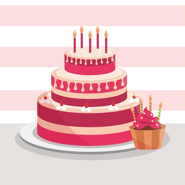 Bolo de aniversário e cupcake com ilustração de decoração de velas