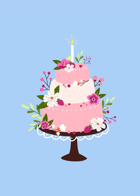 Bolo de casamento festivo fofo em um carrinho de bolo desenhado à mão em estilo doodle ilustração vetorial