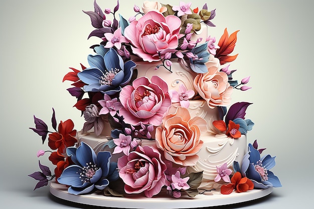 Vetor bolo de casamento rosa creme decorado com rosas frescas em um fundo azul tendências de design de alimentos