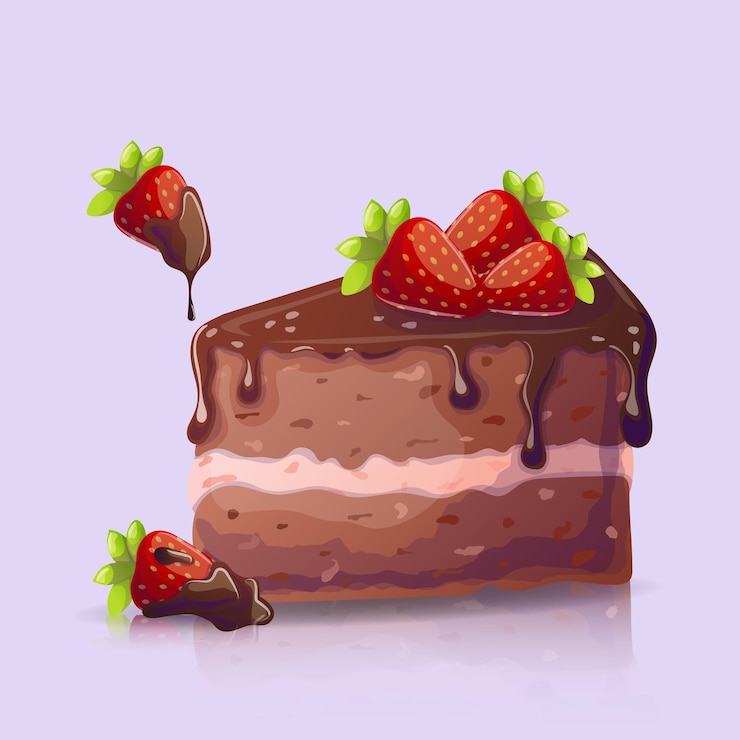 Vetor bolo de chocolate e morangos cobertos de chocolate em estilo de desenho animado ilustração vetorial para cartaz