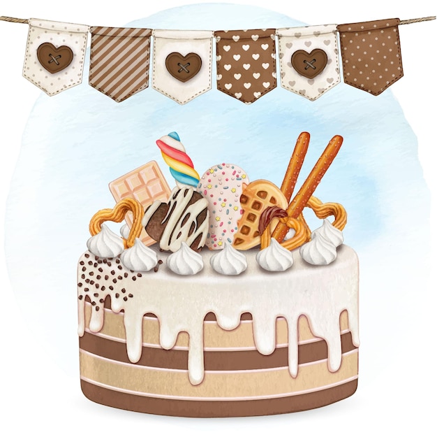 Vetor bolo de festa de aniversário colorido em aquarela